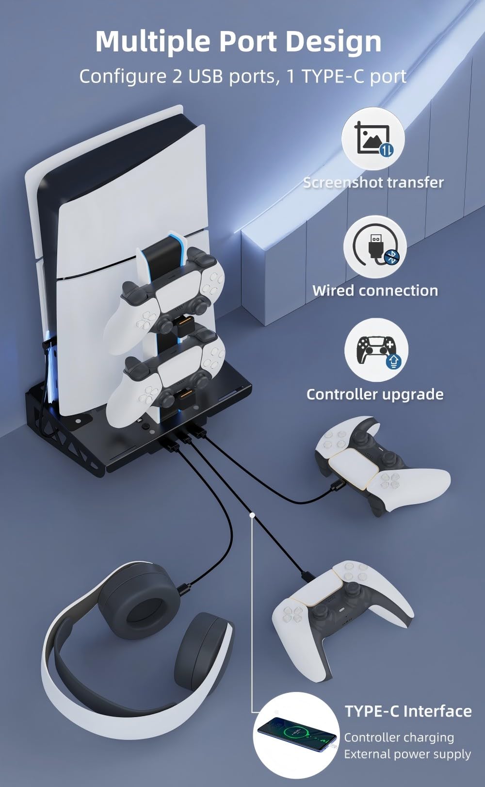 Soporte de pared para PS5 Pro/Slim con estación de carga, soporte con cargador de controlador dual y colgador de auriculares y accesorios de ventilador silencioso de 3 niveles
