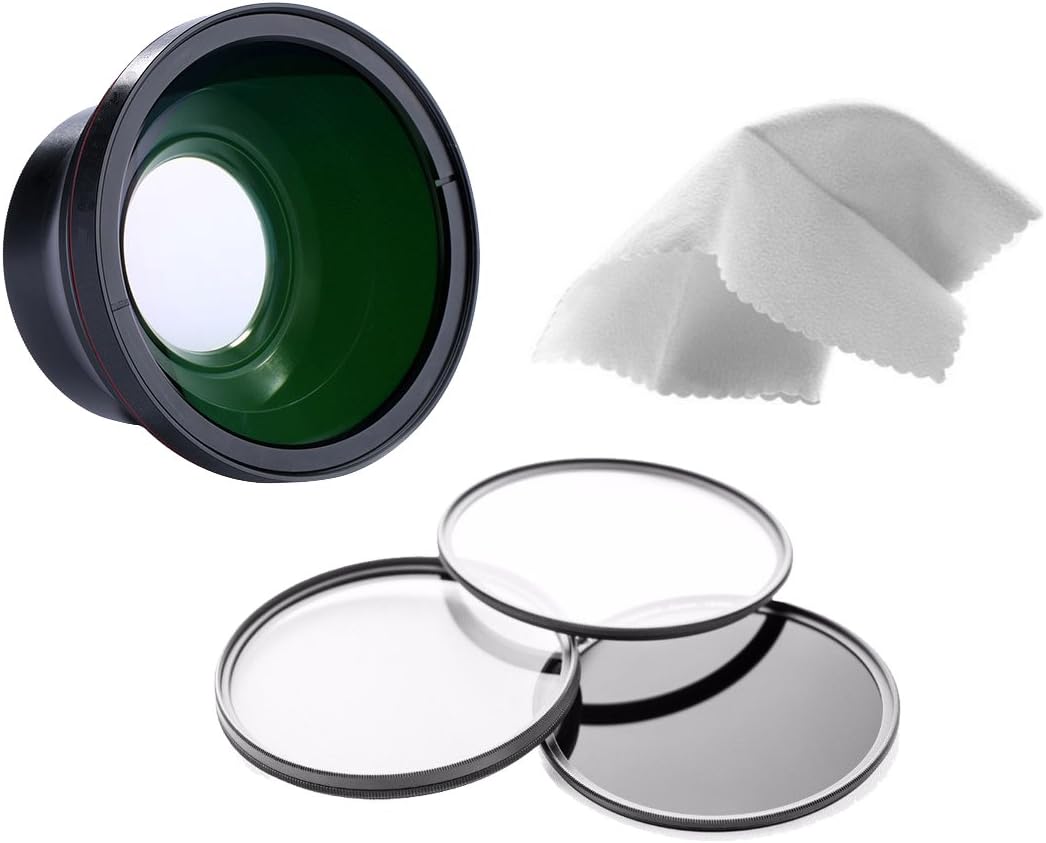 58mm 0.43x Super Wide Angle Lens with Macro (Wider Alternative to Sony VCL-DH0758) + 58mm 3 Piece Filter Kit, Includes Ultraviolet, Polarizer & Fluorescent + Nwv Direct Micro Fiber Cleaning Cloth