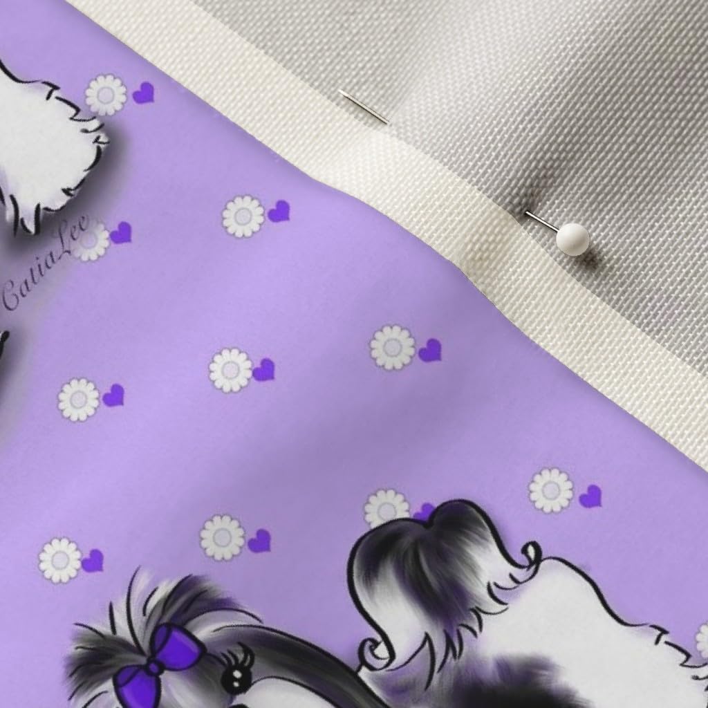 Spoonflower Fabric - Shih Tzu Black Violet Dogs Puppy Hearts Daisies Printed on Upholstery Velvet Fabric Fat Quarter - Upholstery Home Decor Bottomweight Apparel
