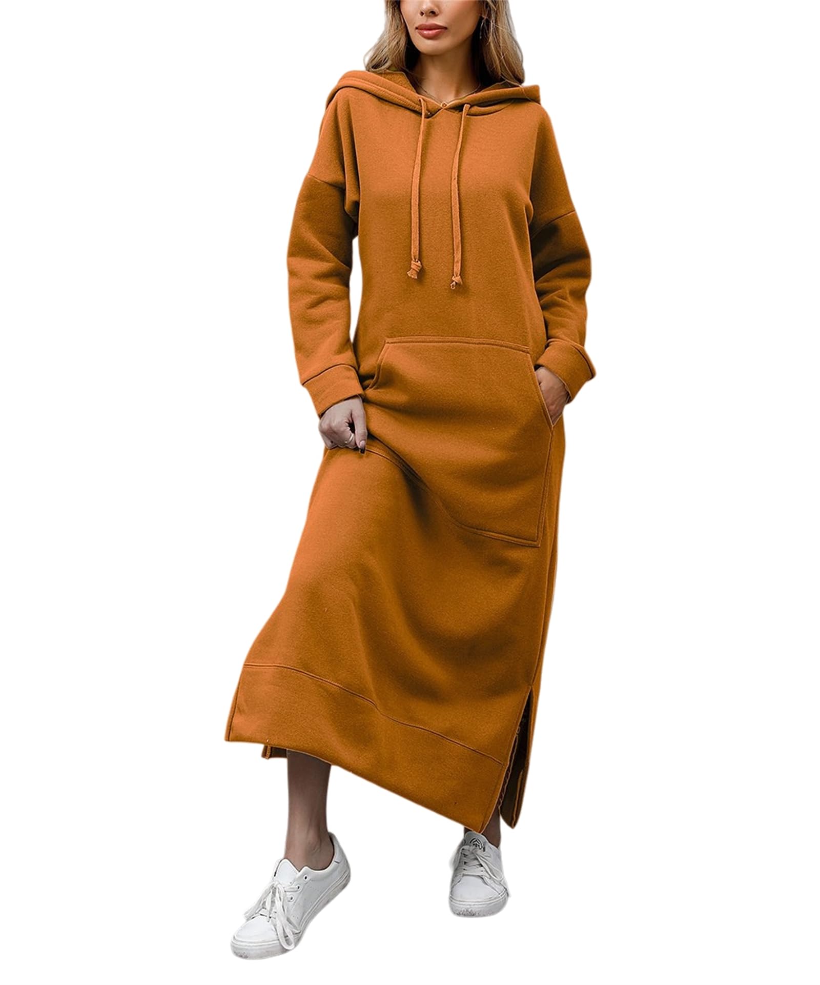 Damska bluza maxi, sukienka zimowa, jesień, luźna, jednokolorowa, z długim rękawem, polarowa, z kieszenią kangurką.