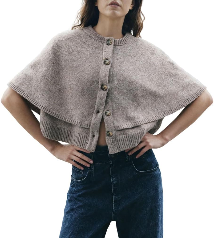 Women Trendy Crew Neck Button Down Open Front Cape Cardigan Casual Elegant Cropped Ribbed Knit Shawl Sweater Fall