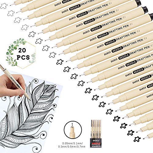 Set of 20 Precision Micro-Pens, KAIMAIC Micro-Line Pens 5 Size Fineliner Ink Pen Waterproof Archival ink Calligraphy Pens Black Drawing Pen for Artist Illustration, Sketching, Technical Drawing, Anime