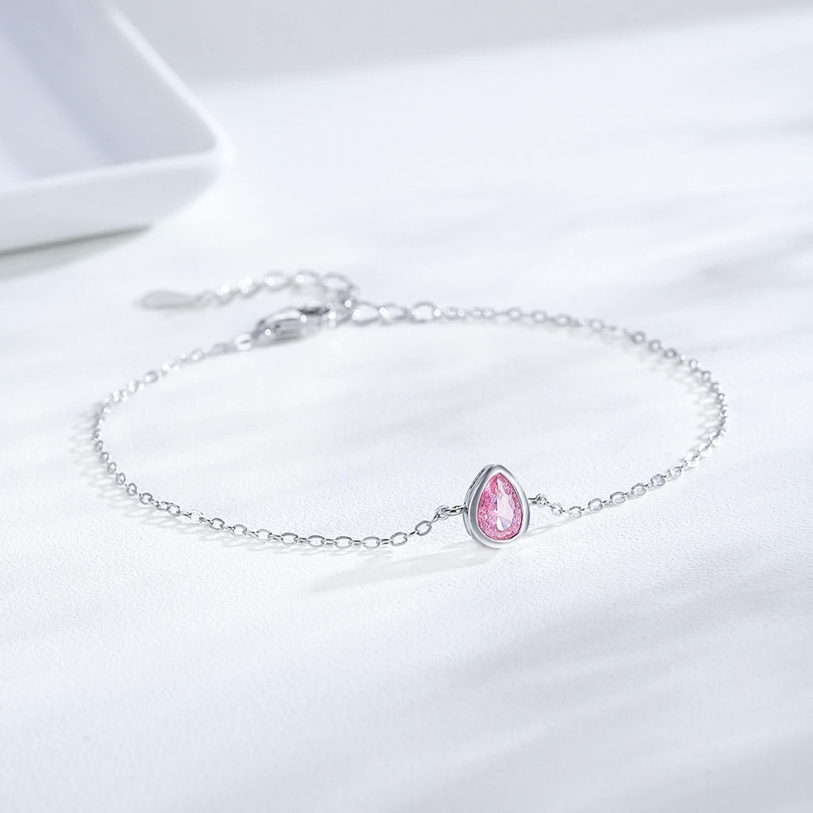 Pulseras Mujer de Oro Blanco 9K / 14K / 18K, Gota de Agua con Diamante Creado, Cadena Extensible 16 CM + 5 CM, Pulsera Mujer Ajustable Plata Rosa