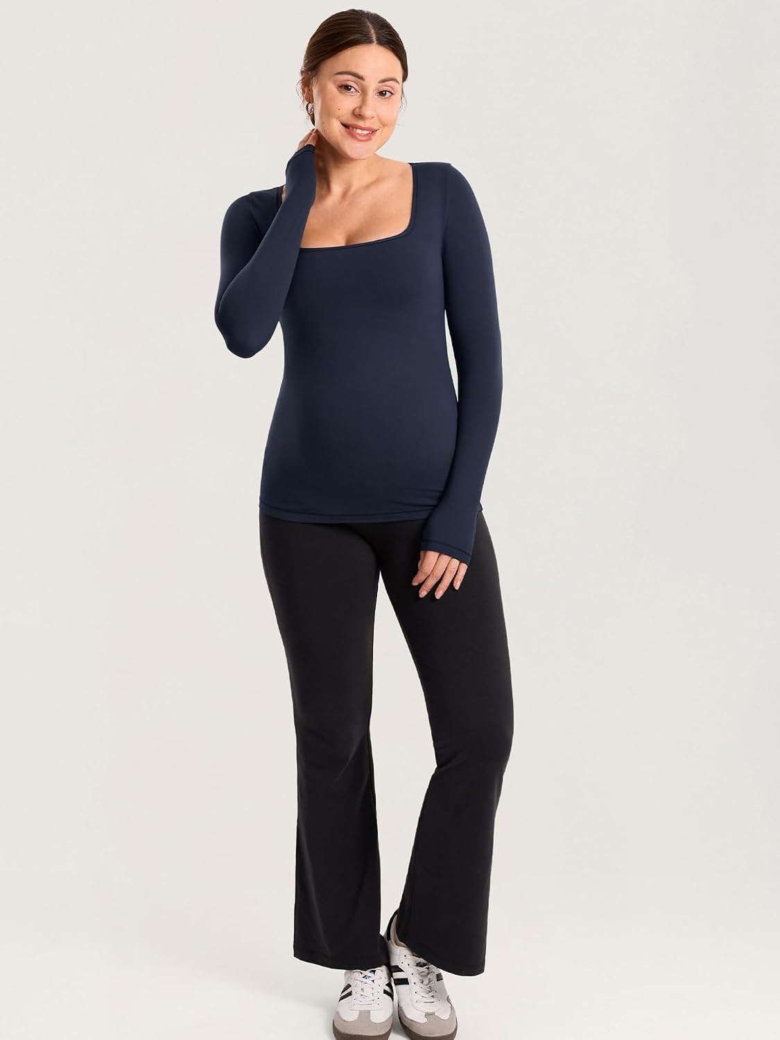 MOMANDA Long Sleeve Maternity Tops Square Neck Pregnancy Basic Shirts Soft Casual Tee