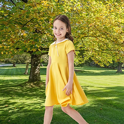 Abbyabbie.li Girl's Short Sleeve Uniform Dresses Casual Vintage Peter Pan Collar Fit And Flare Skater Party Dress 2-12 Years (Yellow, 5-6 Years) #TOP5