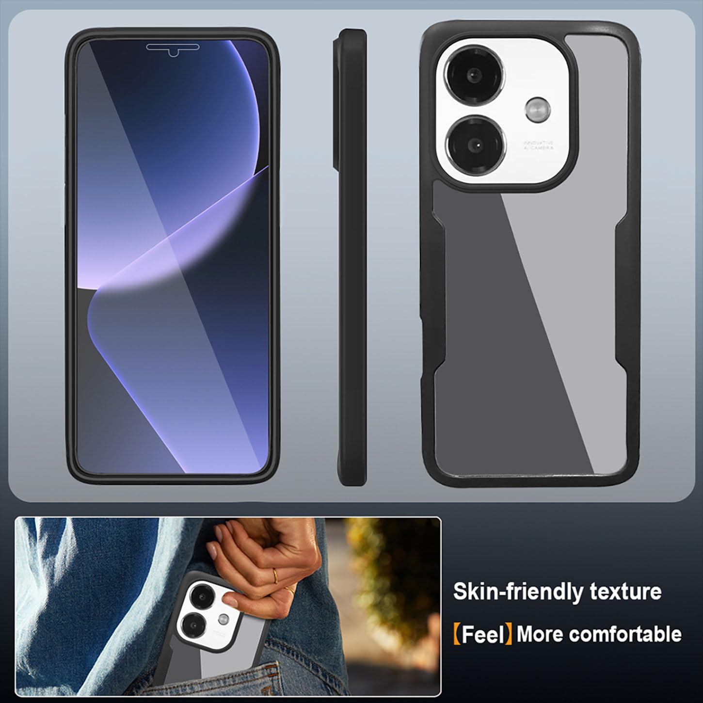 SEAHAI Trasparente Cover Per OPPO A40 4G / OPPO A40M / OPPO A60 5G, Con Protezione Schermo Integrata, 360 ° Completa Protezione Antiurto Rigida PC TPU Bumper Silicone Custodia. Nero - Foto 9