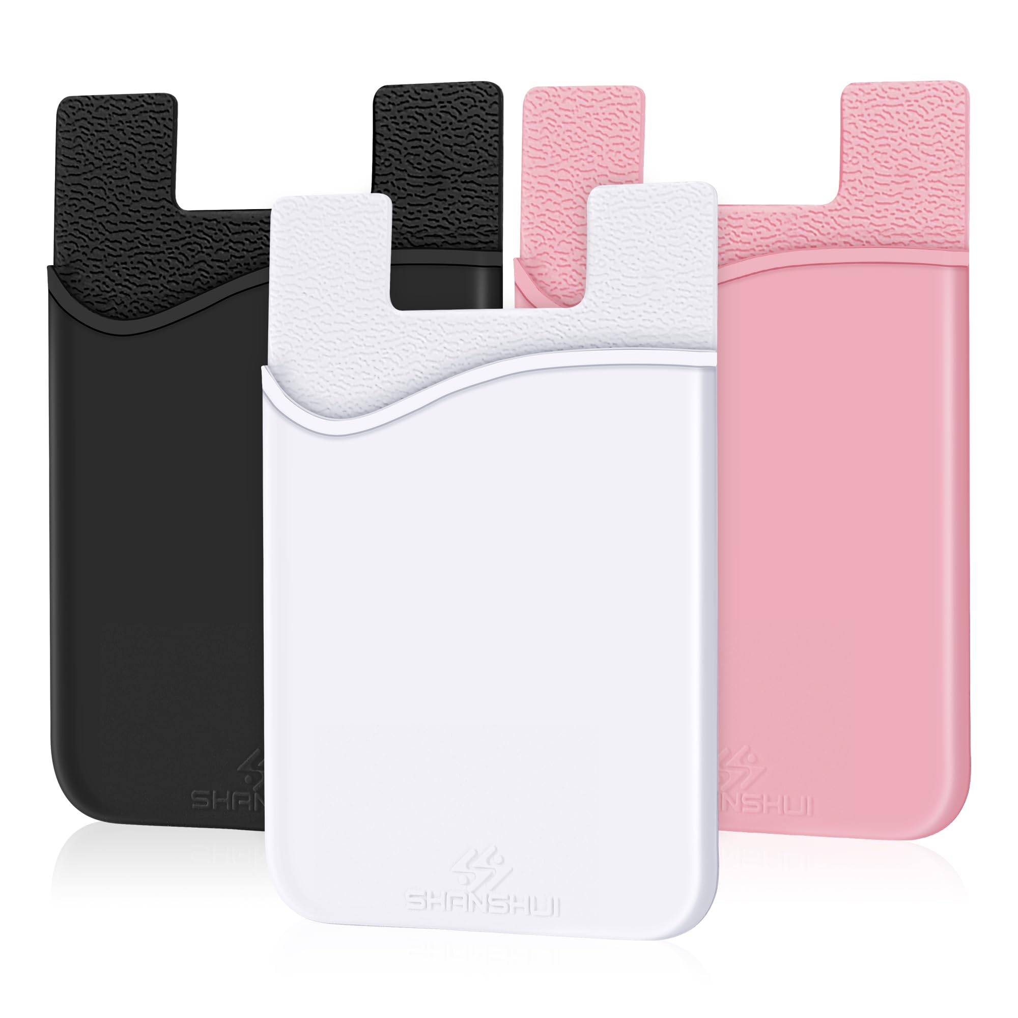 SHANSHUI Cell Phone Wallet, 3 PCS Strong Adhesive Card Sleeve Silicone Card Pouch Stick on Phone Compatible for iPhone/Samsung Galaxy/Sony/Huawei and Most Smart Phones - Black White Pink