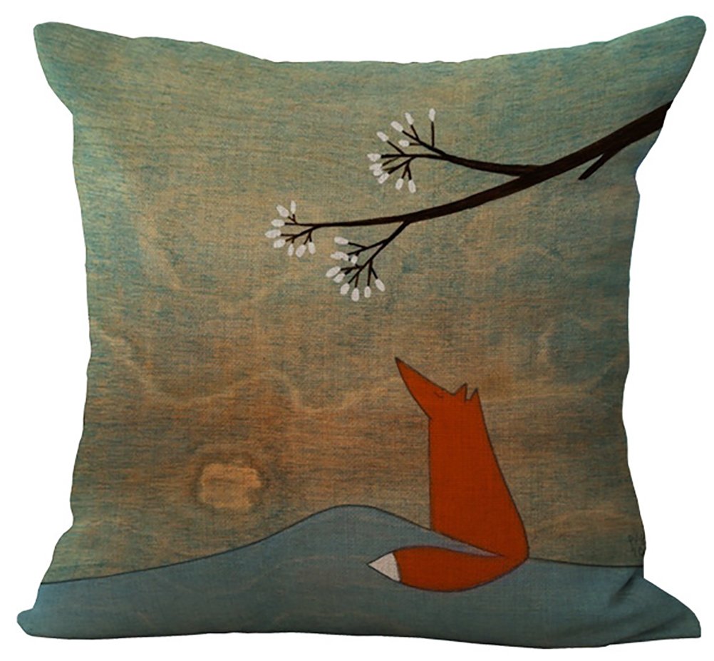ChezMax Fox Cartoon Stuffed Cushion Cotton Linen Throw Pillow Insert Square for Lounge Diwan Divan P