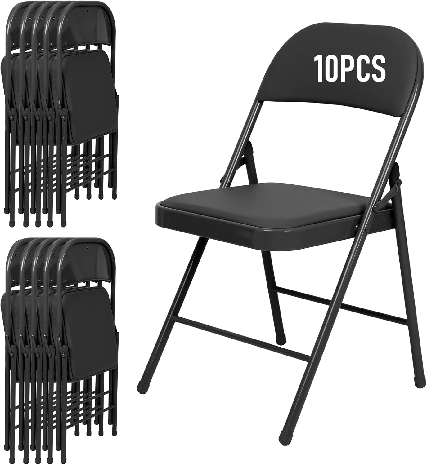 10 Pack Folding Chair, Black Folding Chairs with Cushion Portable Stackable Commercial Seat with Steel Frame, Padded Folding Chairs for Party Birtyday Wedding Indoor Outdoor Chairs