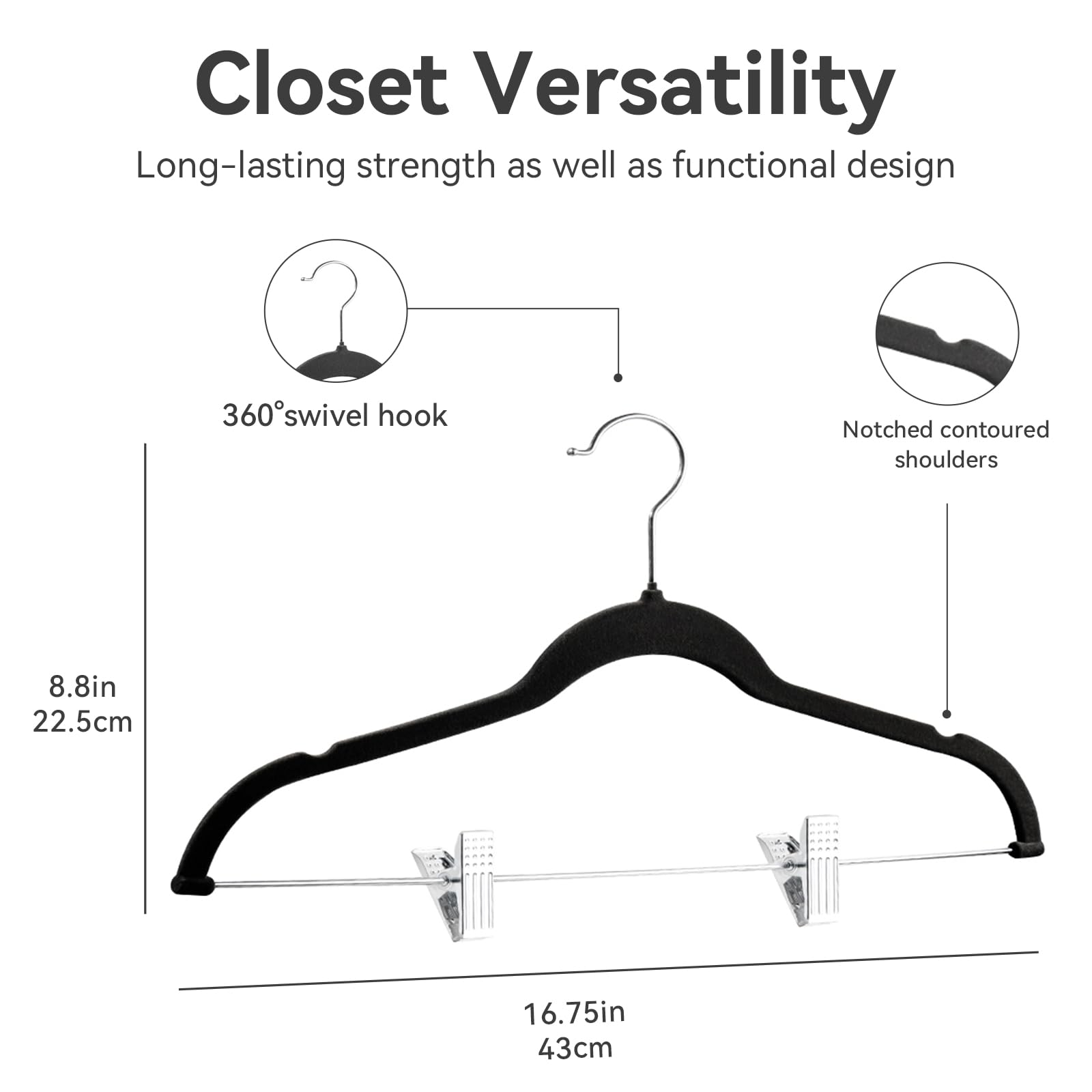 Softflame Samt Hosenbügel 24 Stück, rutschfeste Rock Kleidung Hosen Kleiderbügel mit verstellbaren Clips, 360° Drehhaken Schwarz/Silber