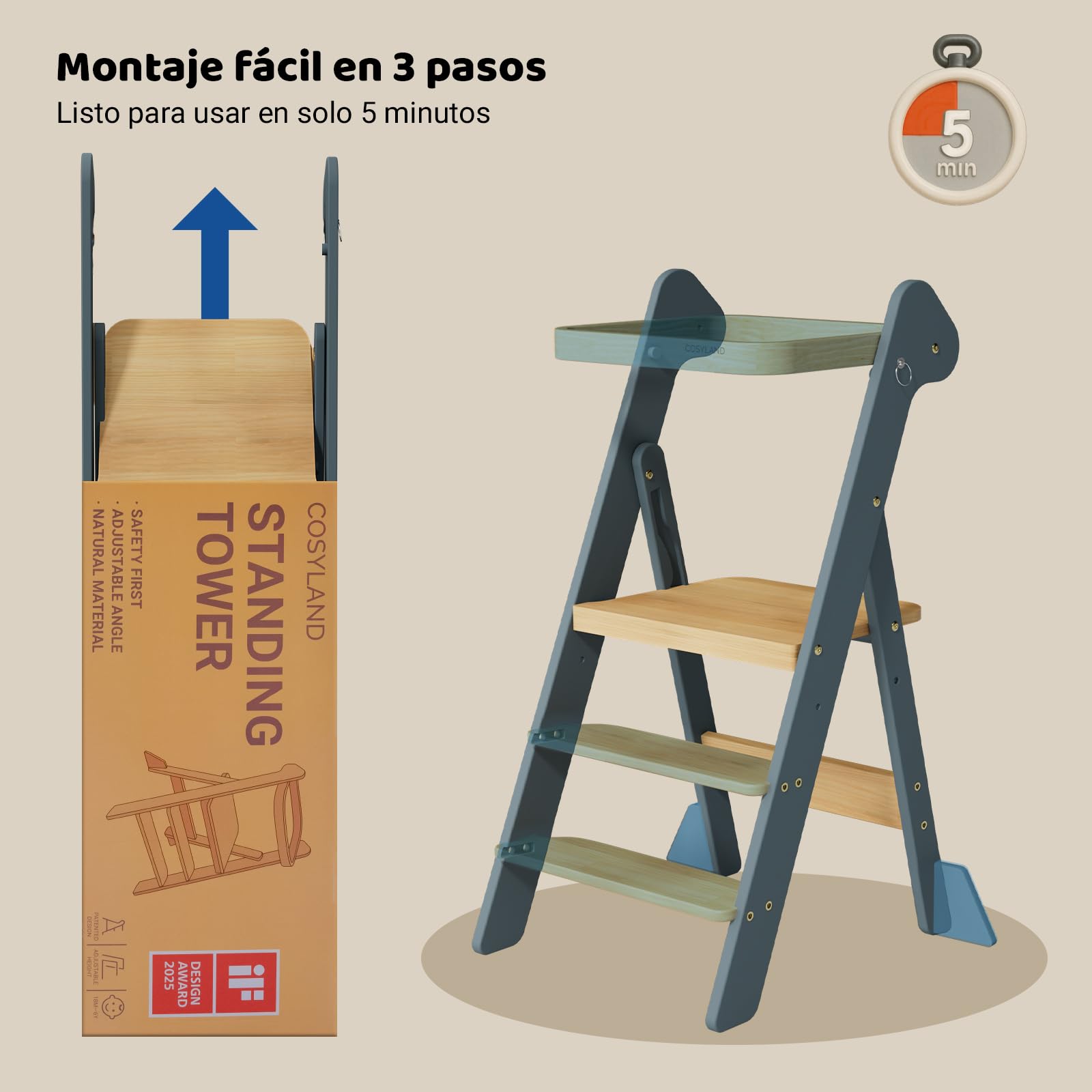 COSYLAND Torre de Aprendizaje Montessori de Madera Plegable Desde 1 Año – Ganadora del Premio iF Design, con Red de Seguridad y Altura Ajustable, Ideal para Cocina y Baño (Azul Pizarra y Natural)