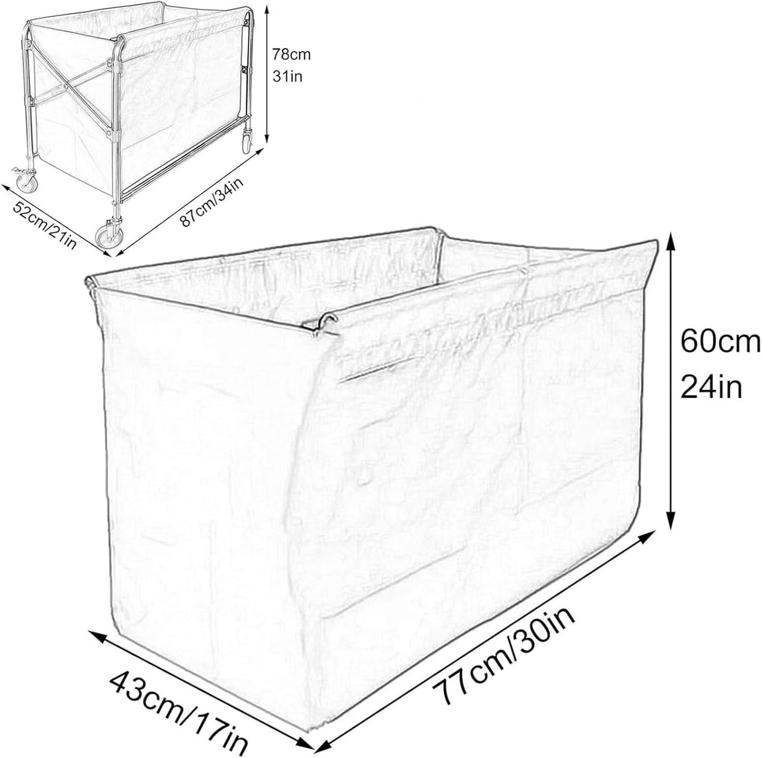 Bolsa de repuesto para carrito de lavandería, tela Oxford extraíble para cesta rodante, diseño duradero, ideal para uso doméstico y hotel, tela resistente, 77 x 43 x 60 cm