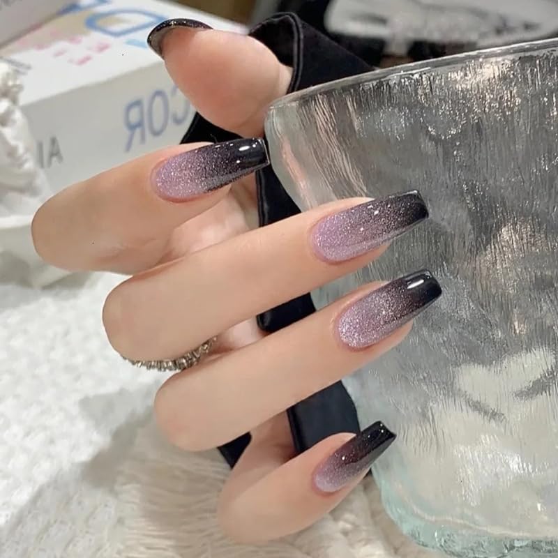 Beauty Tips premium Press-On Nails,Glitter Ombre Black to Purple Gradient, Coffin Shape, Long Length, 24 Pcs, R48