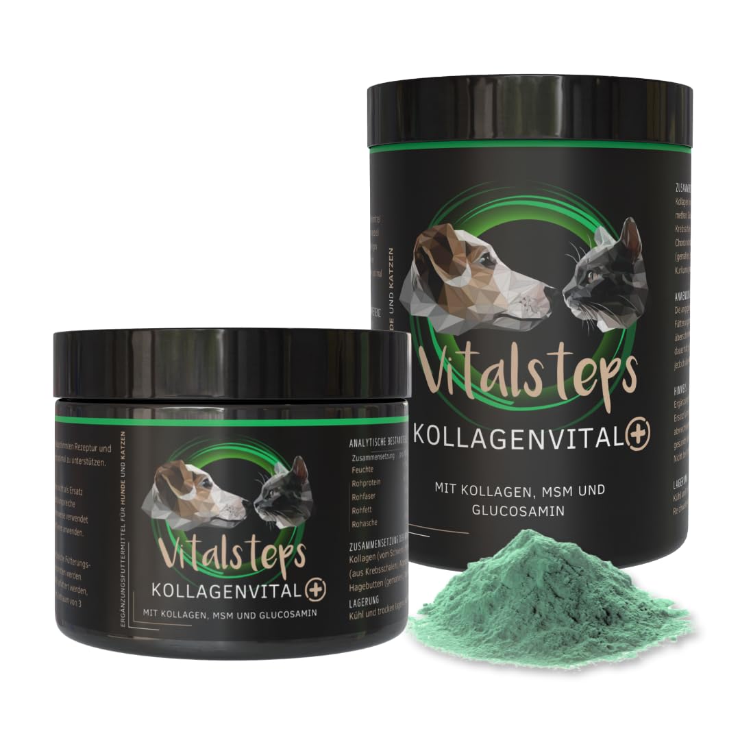 KollagenVital+ 500g | Kollagen MSM Glucosamin Chlorella Chondroitin Hagebutte Brennnessel Curcuma - Hund u. Katze