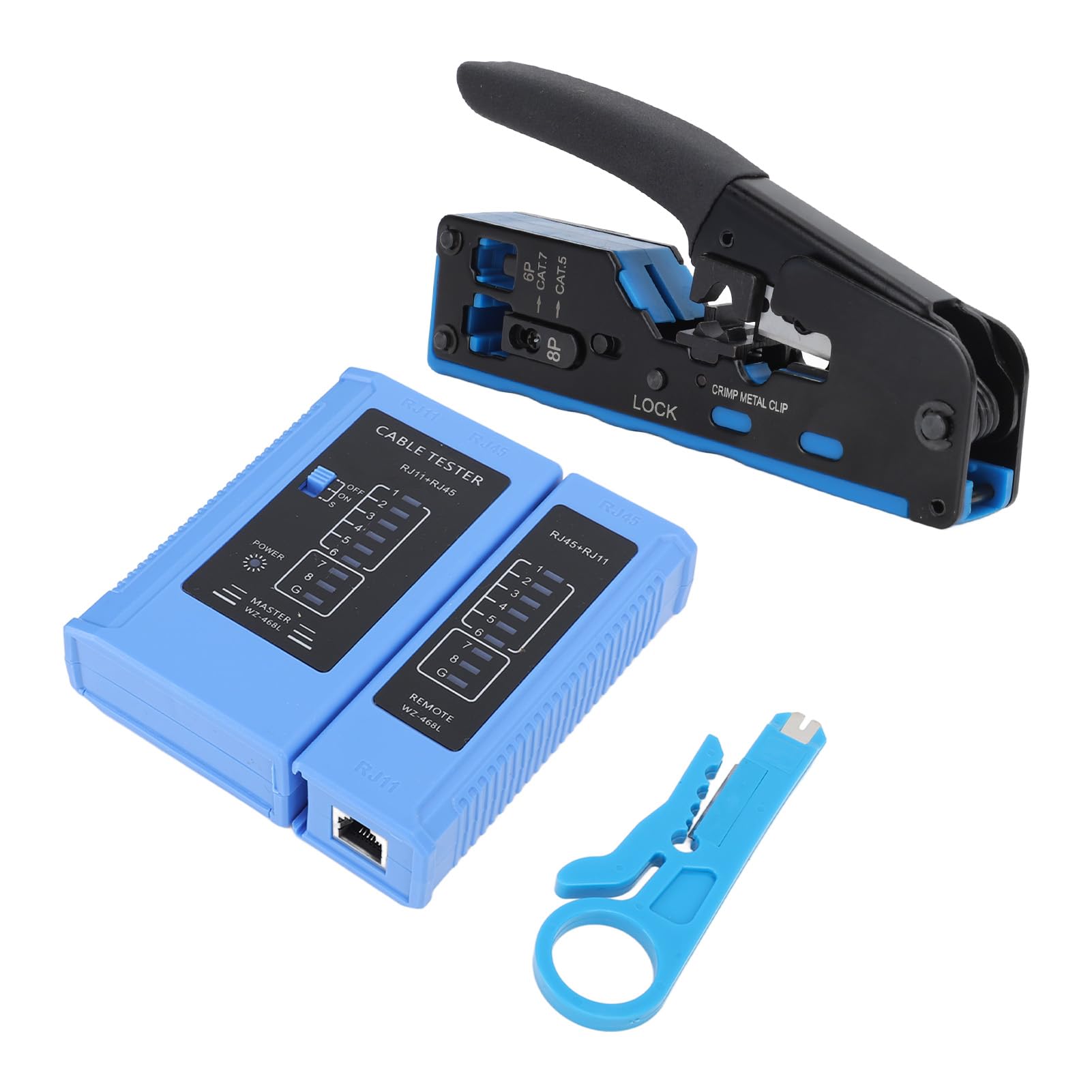 Kit d'outils de sertissage RJ45 et testeur de câble réseau compatible avec les connecteurs Cat5e Cat6 et Cat6a – Outil multifonction pour couper, dénuder et sertir les câbles
