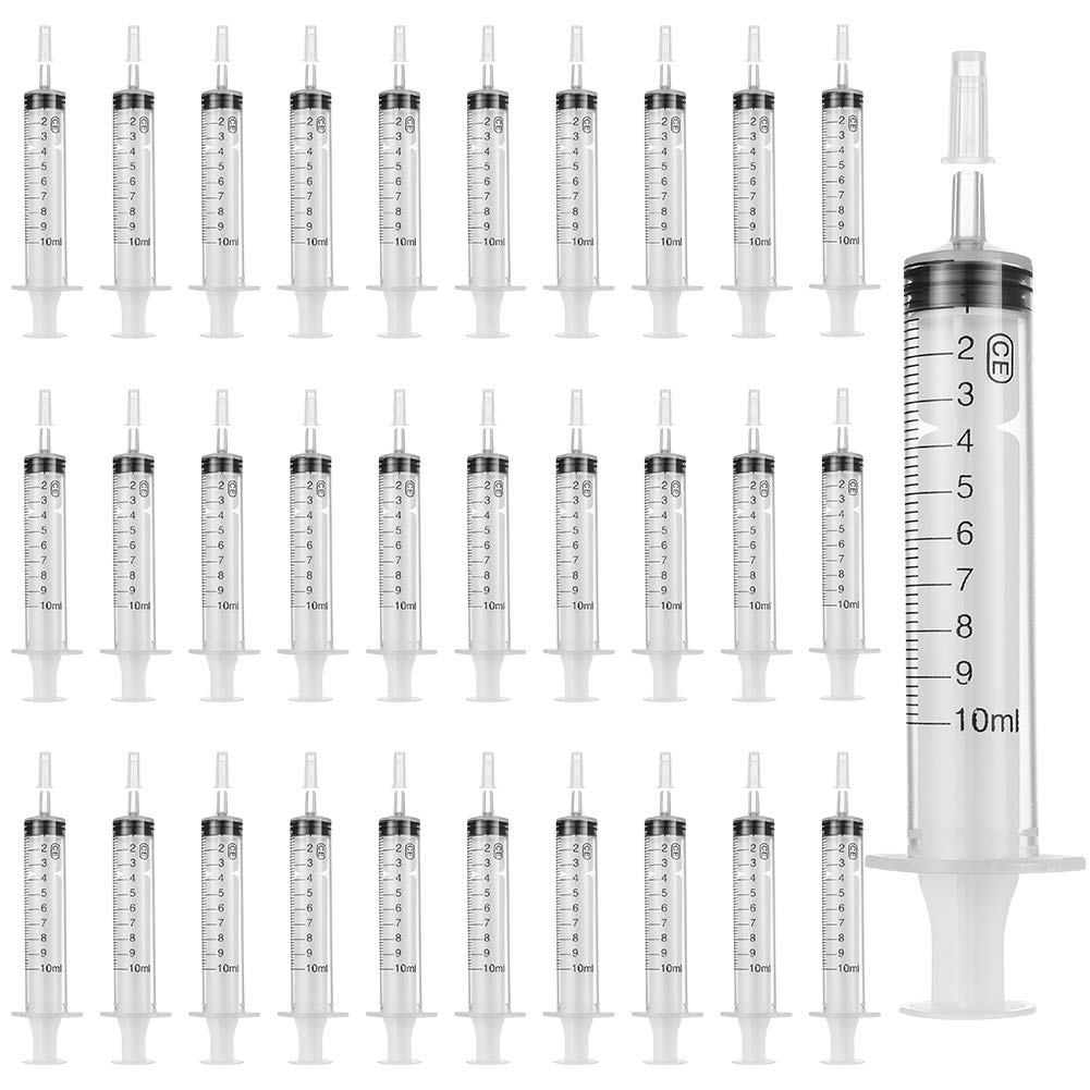AIM Cloudbed 30PCS 10ml Syringes with Covers Plastic Syringe Sterile with No Needle for Scientific Labs Liquid Measuring Dispensing, Animal Feeding, Plant Watering