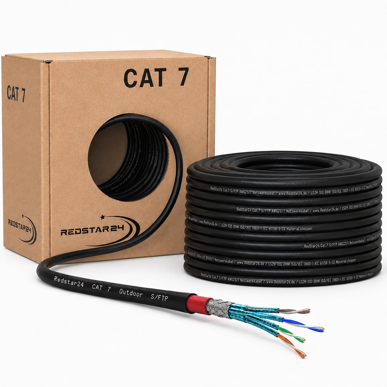 RedStar24 Cavo di messa a terra Cat7, 50 m, per esterni, cavo LAN S/FTP AWG23/1, resistente ai raggi UV | Doppio rivestimento in PE, PoE, posa diretta a terra, 10 Gbit/s, schermatura S/FTP, rame, cavo Ethernet Cat 7 per esterni
