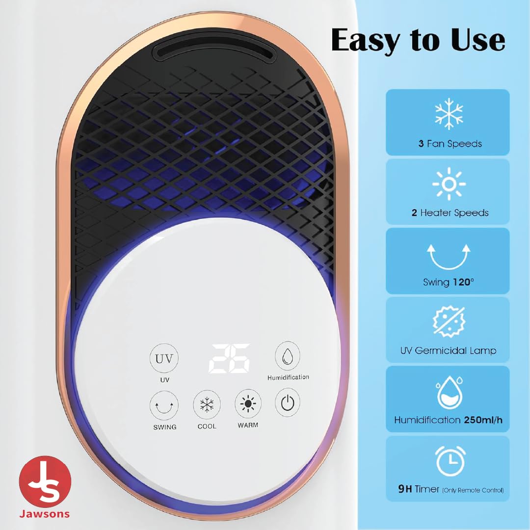 Jawsons™ 4-in-1 Oscillating Tower Fan with Heater, Humidifier & Cooler | 120° Oscillation, 4L Water Tank, 3 Cooling Speeds, 2 Heating Levels, 9-Hour Timer & Remote Control | All-Season Comfort 1