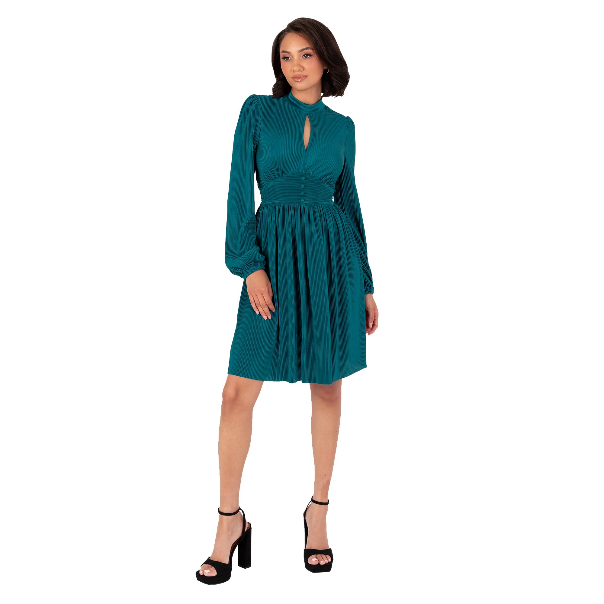 Lovedrobe Womens Mini Ladies Long Balloon Sleeve High Neck Keyhole Detail Fit and Flare Plissé Cocktail Evening Occasion Dress, Teal Green, 18 UK