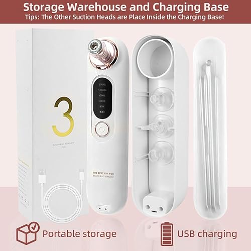 Miniatura 9 de Aspiradora removedor de puntos negros de 5 velocidades, extractor de poros de nariz de carga inalámbrica con 4 cabezales extraíbles, limpiador