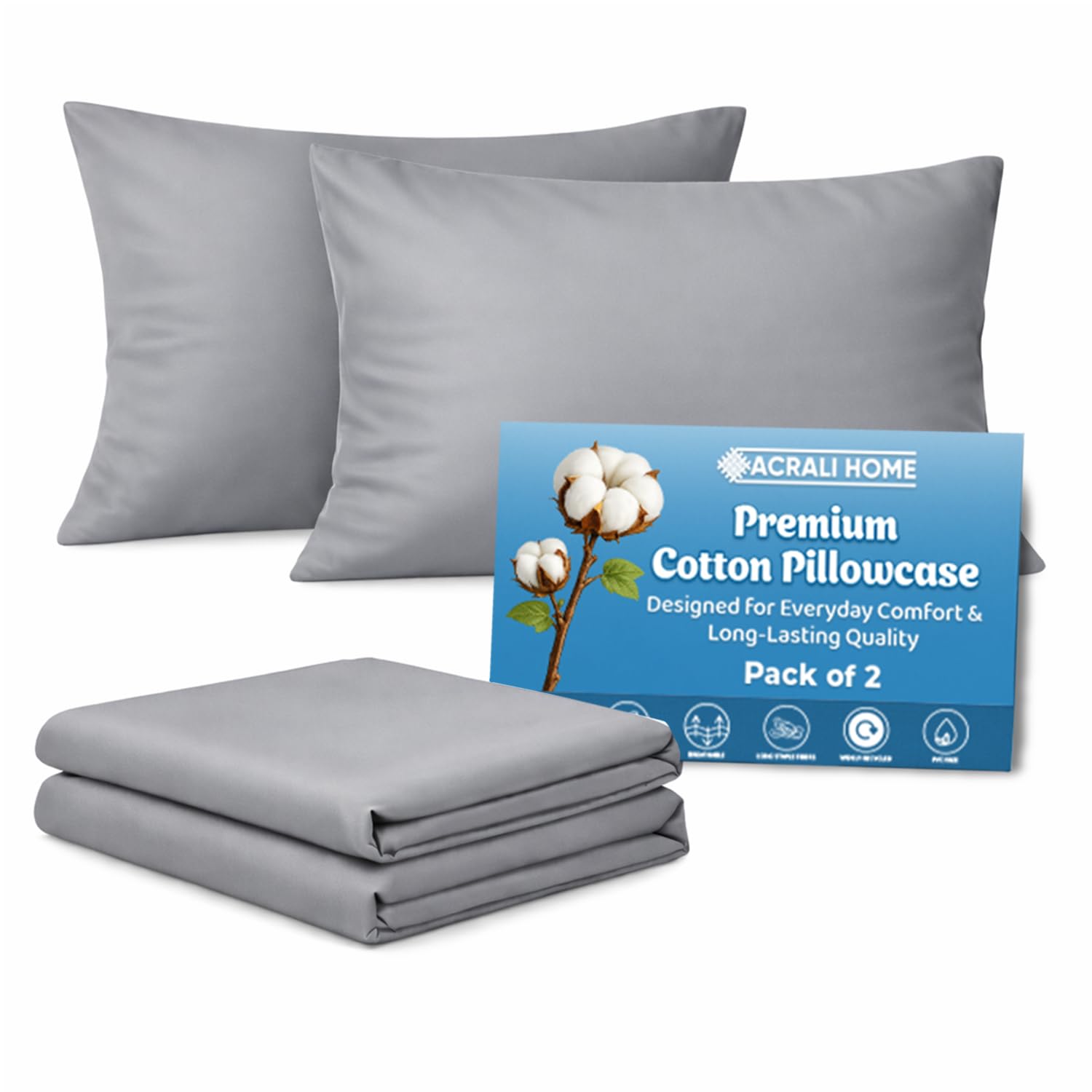 Acrali Home Grey Egyptian Cotton Pillow Cases 2 Pack, Standard Size 50x75 cm - 200 Thread Count - Hotel Quality Super Soft, Breathable Pillow Covers with Envelope Closure — image 1