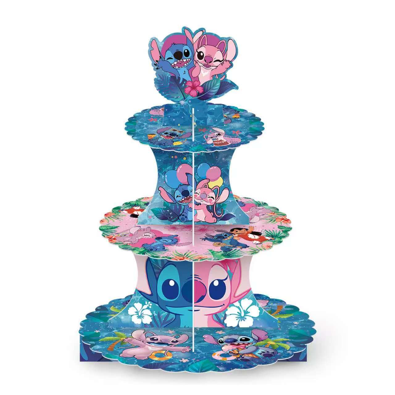 For Stitch Themed Party Supplies and Decorations, a Three-Tiered Cupcake Stand, a Display Stand for Birthday Desserts and Cakes, which is Suitable for Cute-Style Birthday Decorations.
