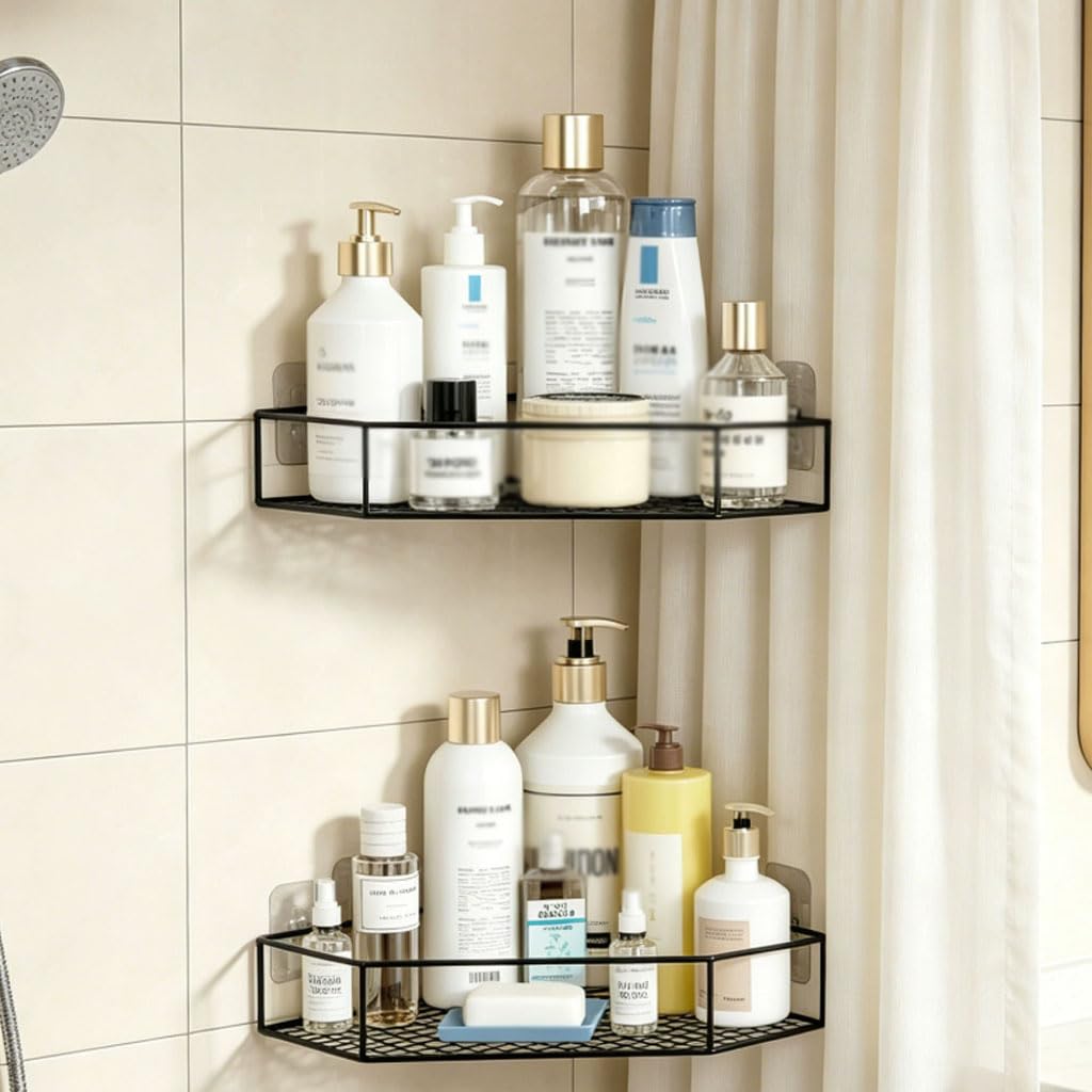 Mensola Doccia Senza Trapano in Metallo, mensola angolare da Parete a Triangolo, organizzatore per Bagno per Cosmetici e Prodotti di Cura, mensola per Bagno, Cucina, Toilette,Nero
