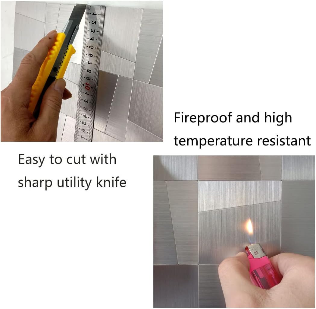 XUANINY Peel and Stick Metal Backsplash Tiles, Self Adhesive Aluminum Mosaic 3D Wall Sticker for Kitchen Bathroom Brushed Grey Decor (11.81"x11.81") (10 Ladder-Shaped Stainless Steel)