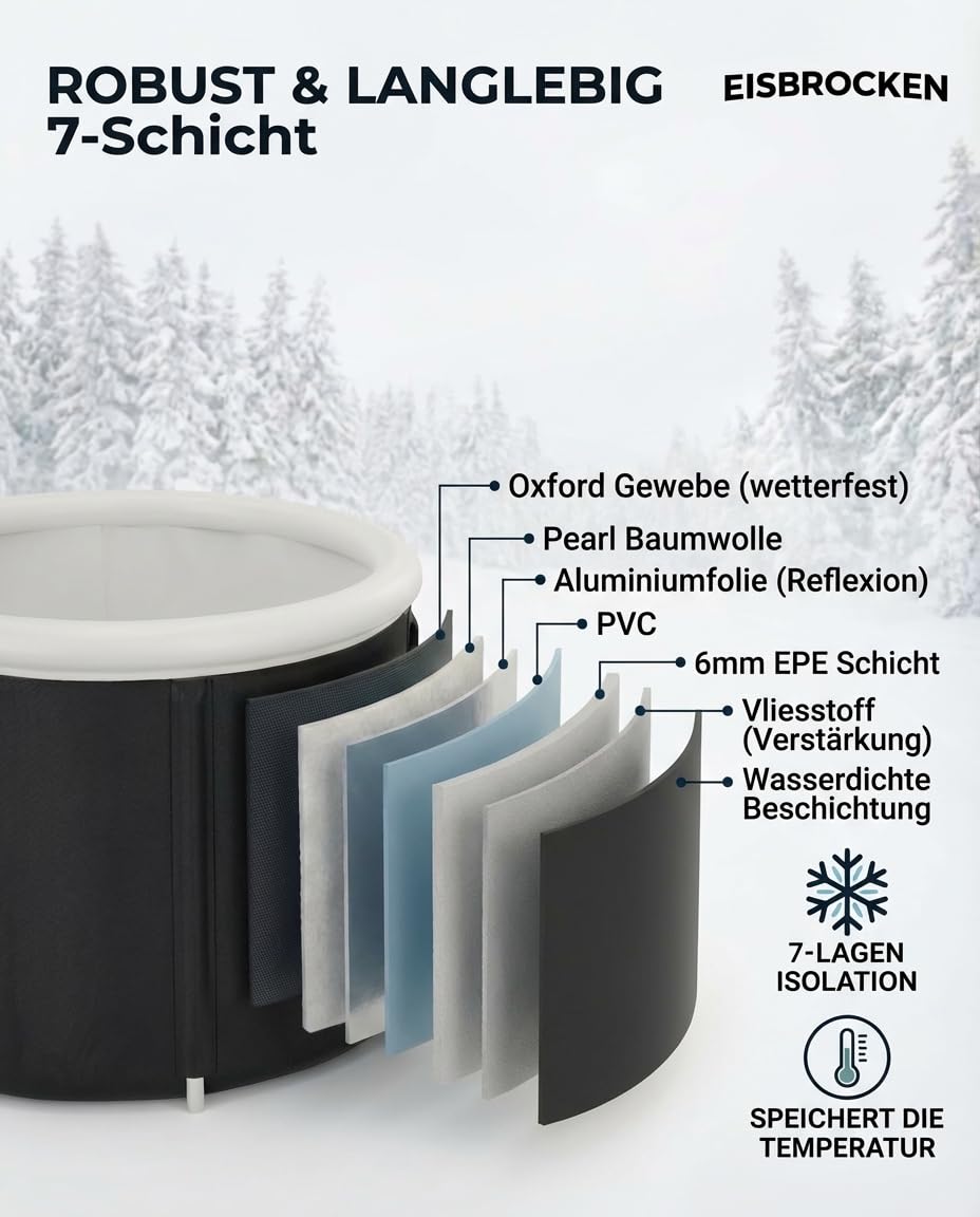 Eisbaden Tonne,Faltbare Eistonne 80 cm Ø mit 7 Schicht Isolierung, Indoor & Outdoor Kältebad für Sport & Entspannung, Regeneration & Erholung