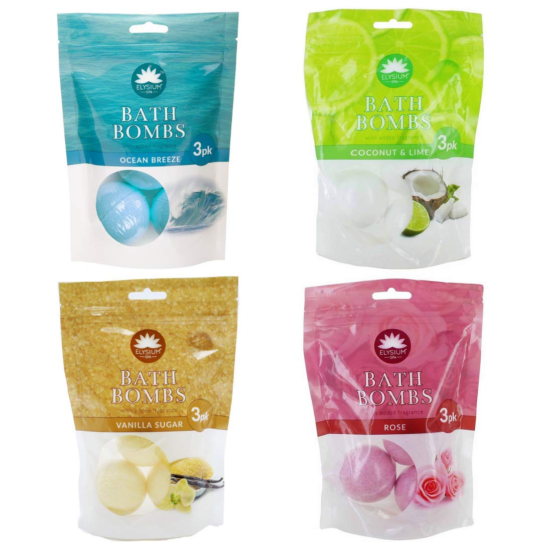 Elysium Spa Bath Bombs 4 Set with Natural Fragrance - Rose, Vanilla Sugar, Coconut & Lime and Ocean Breeze. 12 Relaxing and Indulging Bombs