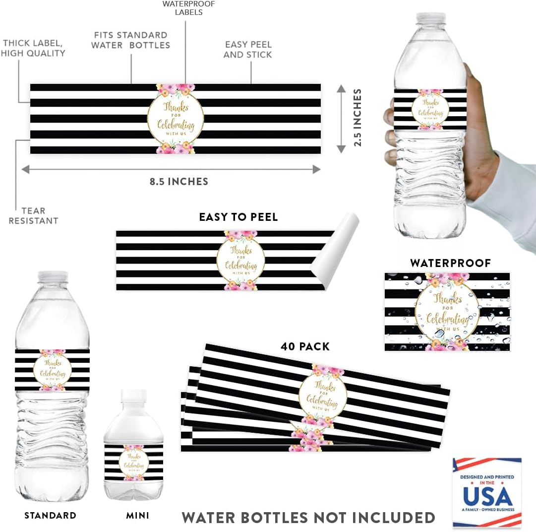 Andaz Press Floral Gold Glitter Print Wedding Collection, Water Bottle Label Stickers, 20-Pack