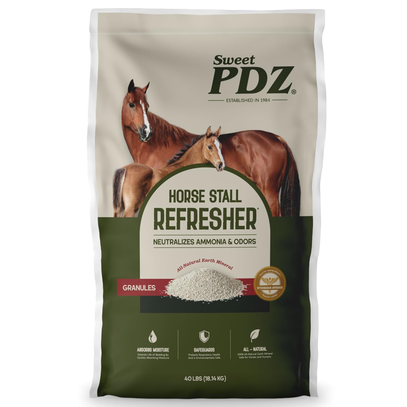 Sweet PDZ Horse Stall Refresher Granules, Stall Refresher Odor Eliminator, Barn Stall Deodorizer, 40 lbs