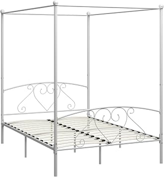 Bed Frame 4 Poster Bed Base White Metal 140x200 cm Canopy Bed with Storage Underneath Bedroom Furniture Bed white Metal Bed Option2