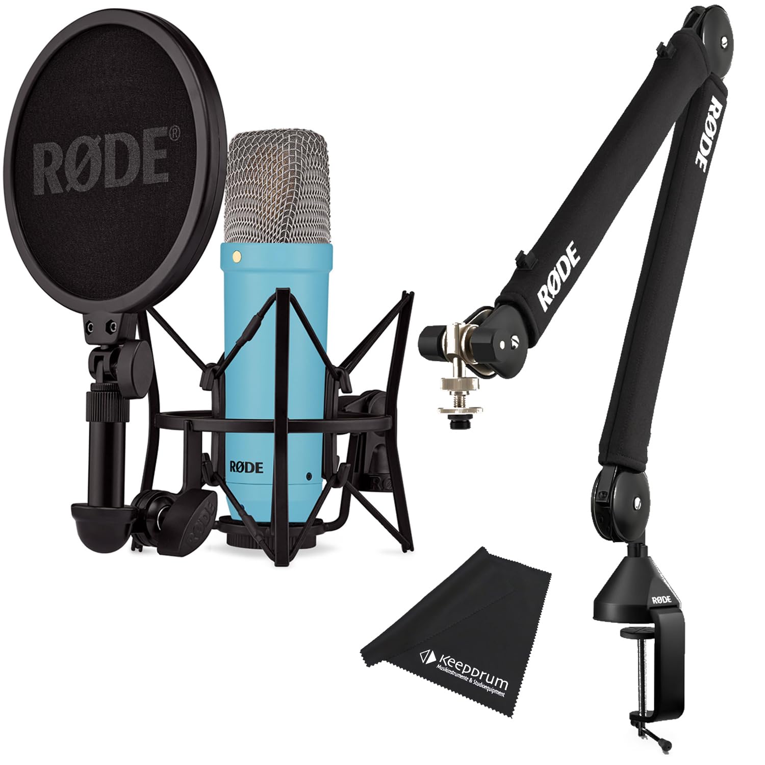 Rode NT1 Signature Blue Studio-Mikrofon Blau + PSA-1+ Plus Gelenkarm-Stativ Schwarz + keepdrum Mikrofasertuch