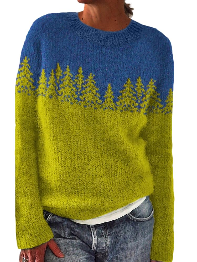 Womens Casual Boho Colorful Retro Knitted Fair Isle Print Sweater 2025 Crewneck Fall Winter Lightweight Pullover Tops