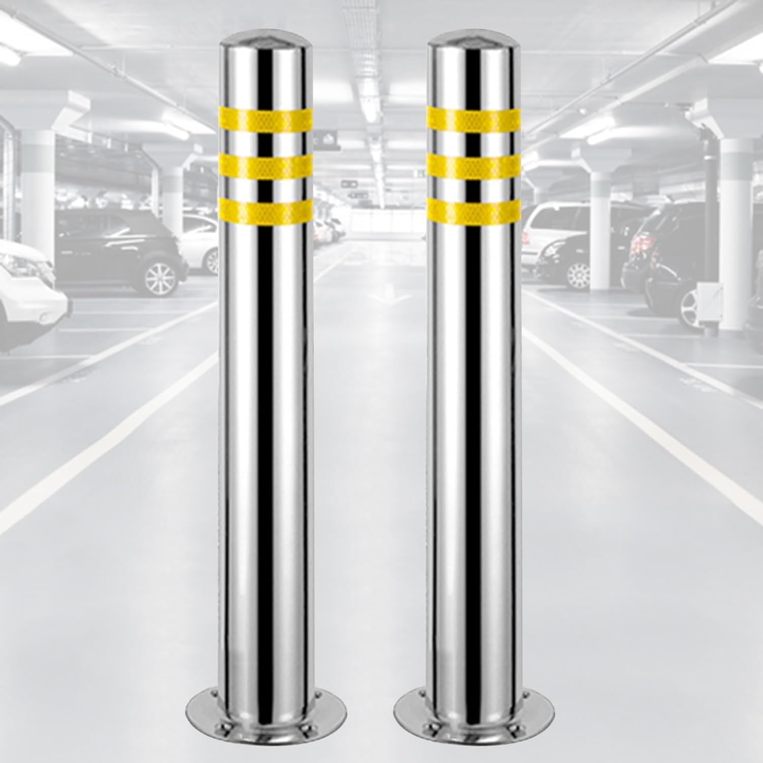 HCZKIUJY Parking Bollard Fixed Car Park Bollards-2pcs,Stainless Steel Reflective Traffic Barrier Post for Industrial,Commercial,Private Use for Private Parking (Silver 750x76mm)