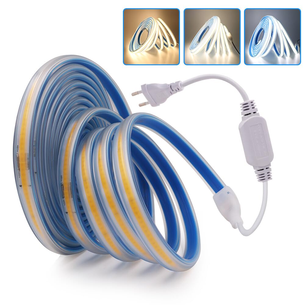 Tira LED COB 220V autoadhesiva [100M, Blanco cálido 3000-3500K], IP65 impermeable flexible, 360 LEDs/m tira LED FCOB cortable CRI85+, iluminación decorativa para hogares y tiendas