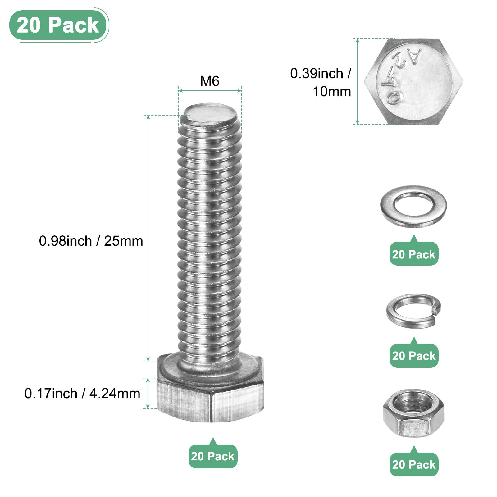 M METERXITY 20-Pack Hex Head Screw Bolt with Nuts Flat & Lock Washers M6x25mm Stainless Steel Bolts and Nuts Kit Fully Threaded Metric Bolt Assortment for Equipment/Machinery - Image 3