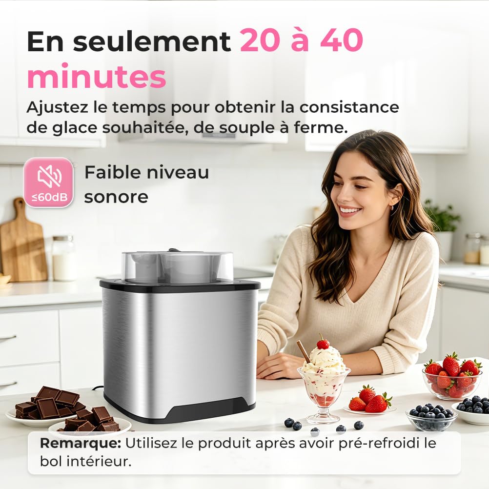 Sorbetière Turbine à Glace, Sorbetière Électrique, Machine à Glace en Acier Inoxydable, 2L Machines à Glace et Sorbetière pour Sorbet Glace, Crème Glacée et Yaourt Glacé