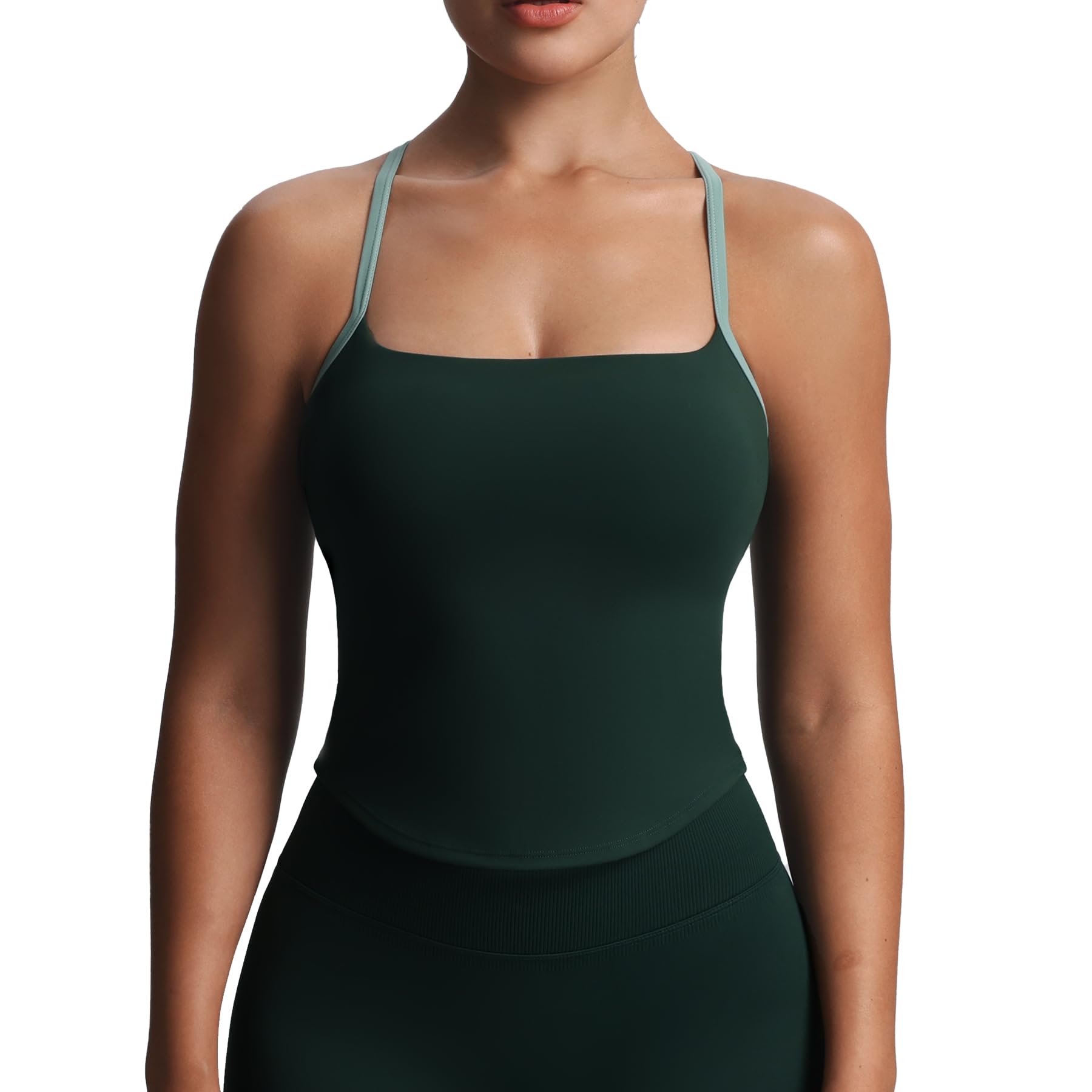Photo 1 of Aoxjox Women's Workout Sleeveless Color Block Lexi Tank Tops Contrasting Strap Cross Back Yoga Curve Longline Crop Top (Forest Green/Sage Green, X-Large)