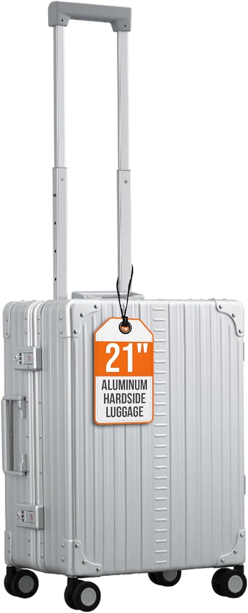 Aleon All Aluminum Lightweight 21" Premium International Carry-On Luggage - Hardside Carry-On Suitcase, TSA Approved, Hard Shell Suitcase, Airline Approved Hard Spinner Wheels Luggage (Platinum)