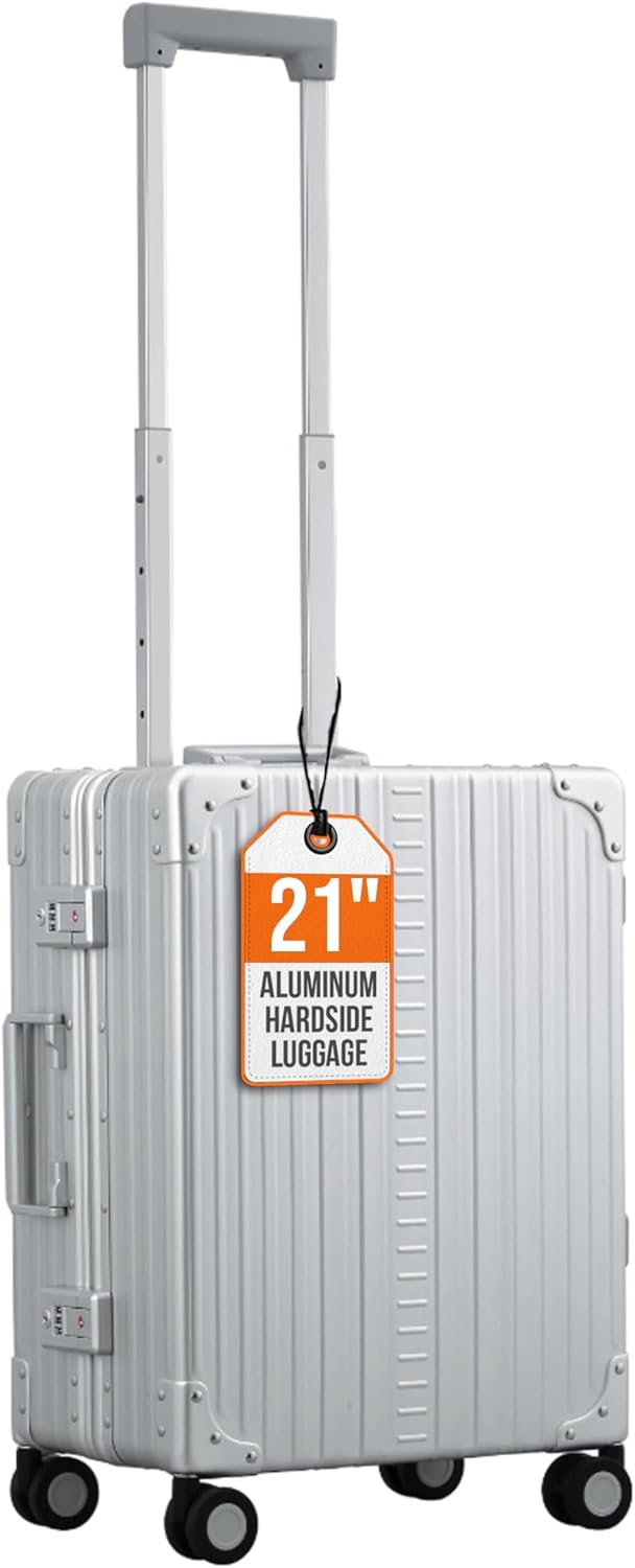 Aleon All Aluminum Lightweight 21" Premium International Carry-On Luggage - Hardside Carry-On Suitcase, TSA Approved, Hard Shell Suitcase, Airline Approved Hard Spinner Wheels Luggage (Platinum)