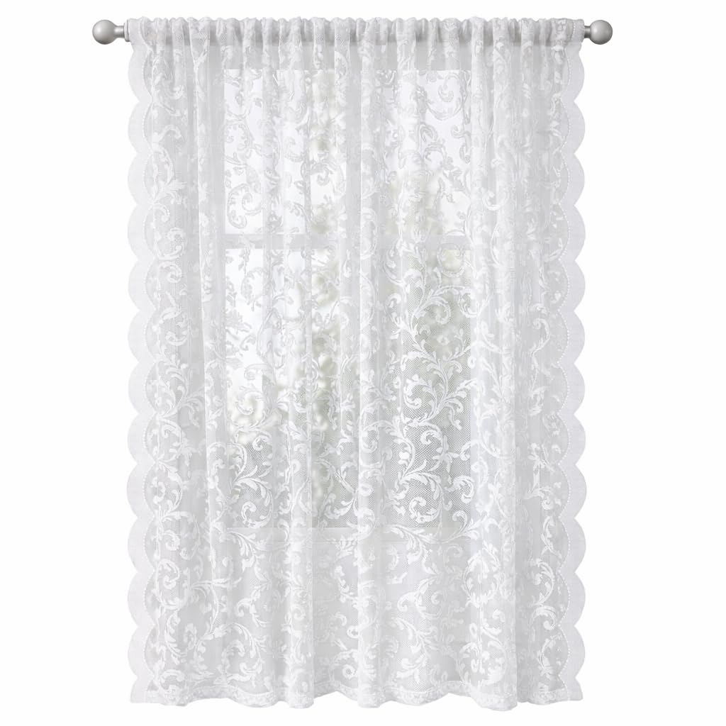 Vintage Lace Curtain 52 x 63 Inch White – 1 Panel Sheer Botanical Floral Window Panel with Rod Pocket – Light Filtering Farmhouse Curtain