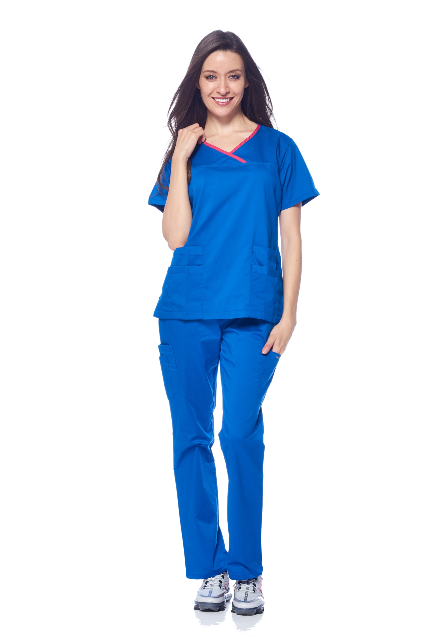 Dagacci Medical Uniform Women's Royal Blue Scrub Set Stretch Contrast Binding Top And Pants - Blue - Medium
