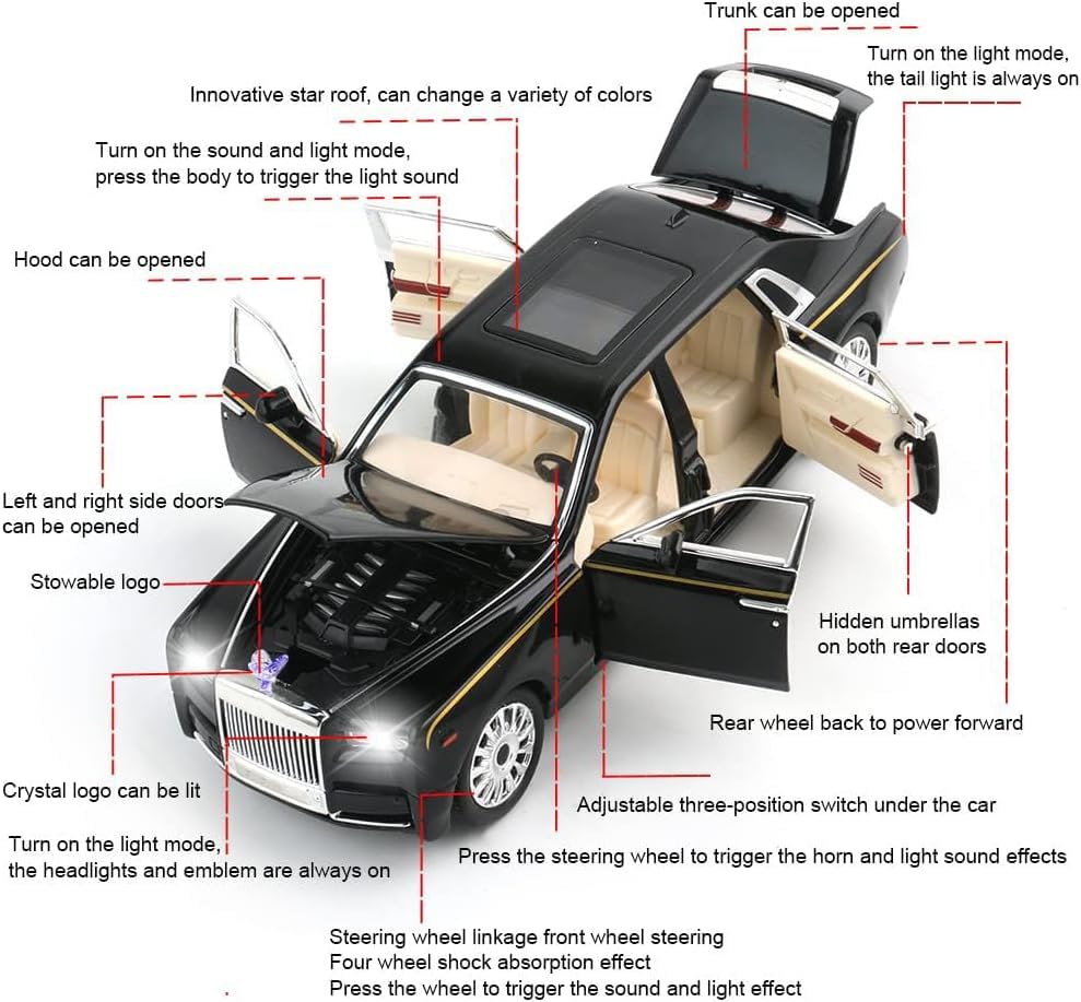 Image of Exclusive Alloy Metal Pull Back Die-Cast Car Diecast Metal Pullback Toy Car with Openable 6 Doors,Light Music Boys Gifts Toys (1:24 Rolls-Royce Phantom(Black-Black))