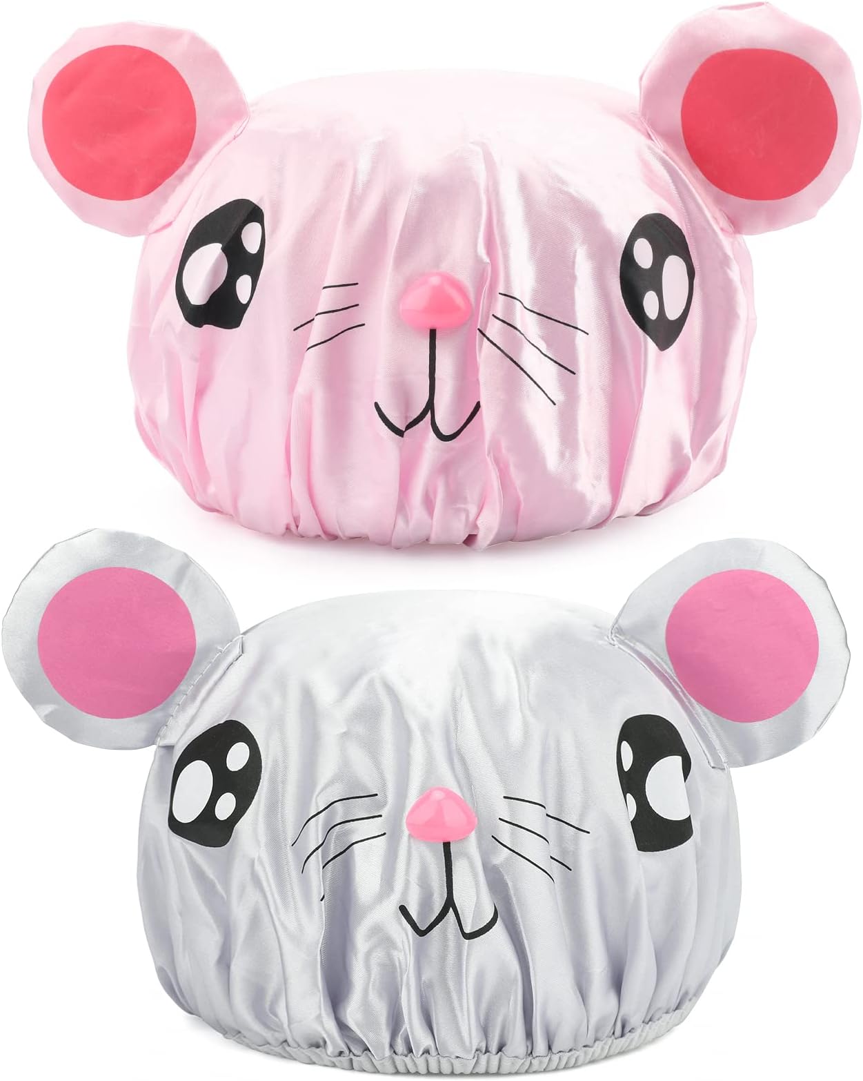 2 Pieces Cute Kids Shower Cap, Funny Cartoon Bath Hat ,Boys or Girls Waterproof Shower Bath Caps (Gray Mouse + Pink Pig)