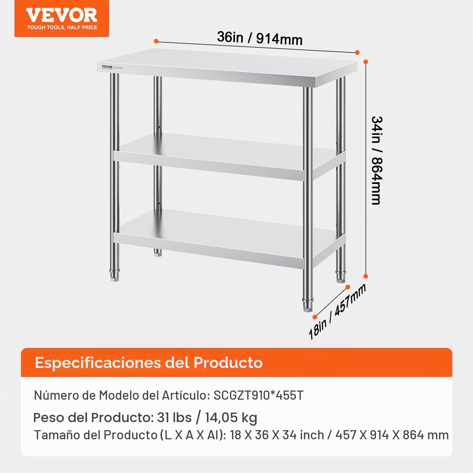 VEVOR Mesa de acero inoxidable para preparación de alimentos, 18 x 36 x 34 pulgadas, con 2 estantes ajustables y mesa de trabajo comercial