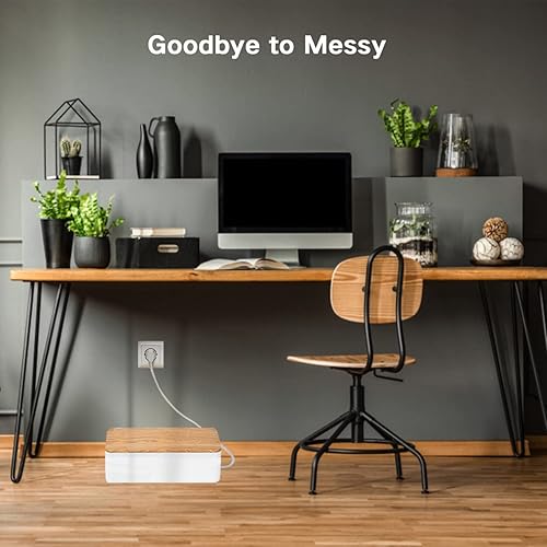 Miniatura 5 de Organizador de caja de gestión de cables, juego de 3 tapas de bambú para cables de almacenamiento para cubrir ocultar sobretensiones, tiras de