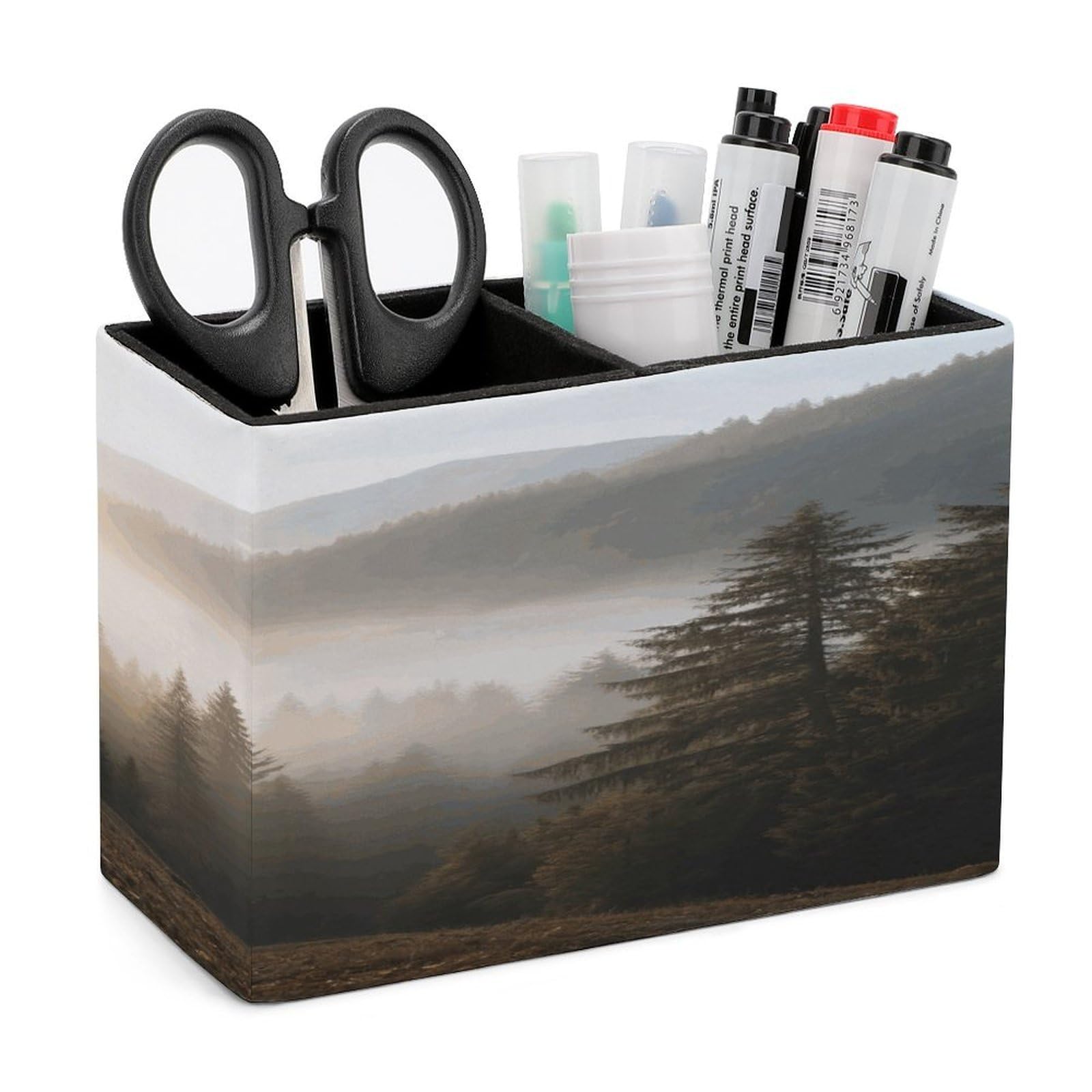 VstaDank Alpine Forest Pencil Holder for Desk Organizer 2 Compartments Pen Cup Leather Square Pen Holder Pencil Cup Stand Makeup Brush Holders for Desktop Organizer Storage Case