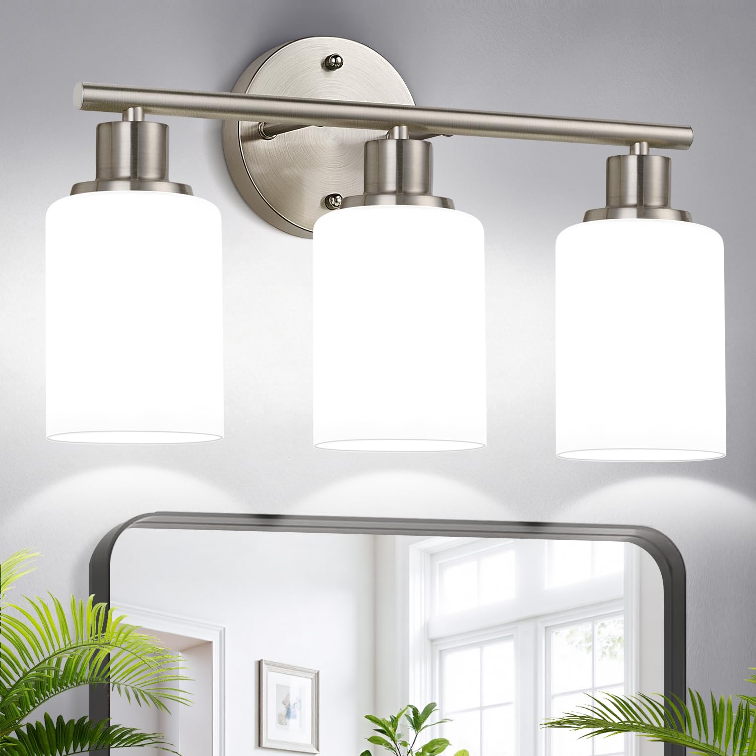 Zarbitta 3-Light Bathroom Light Fixtures, Brushed Nickel Vanity Light, Farmhouse Wall Lights with Milky White Frosted Glass Shades, Bathroom Wall Lamp for Mirror Kitchen Bedroom Hallway Living Room